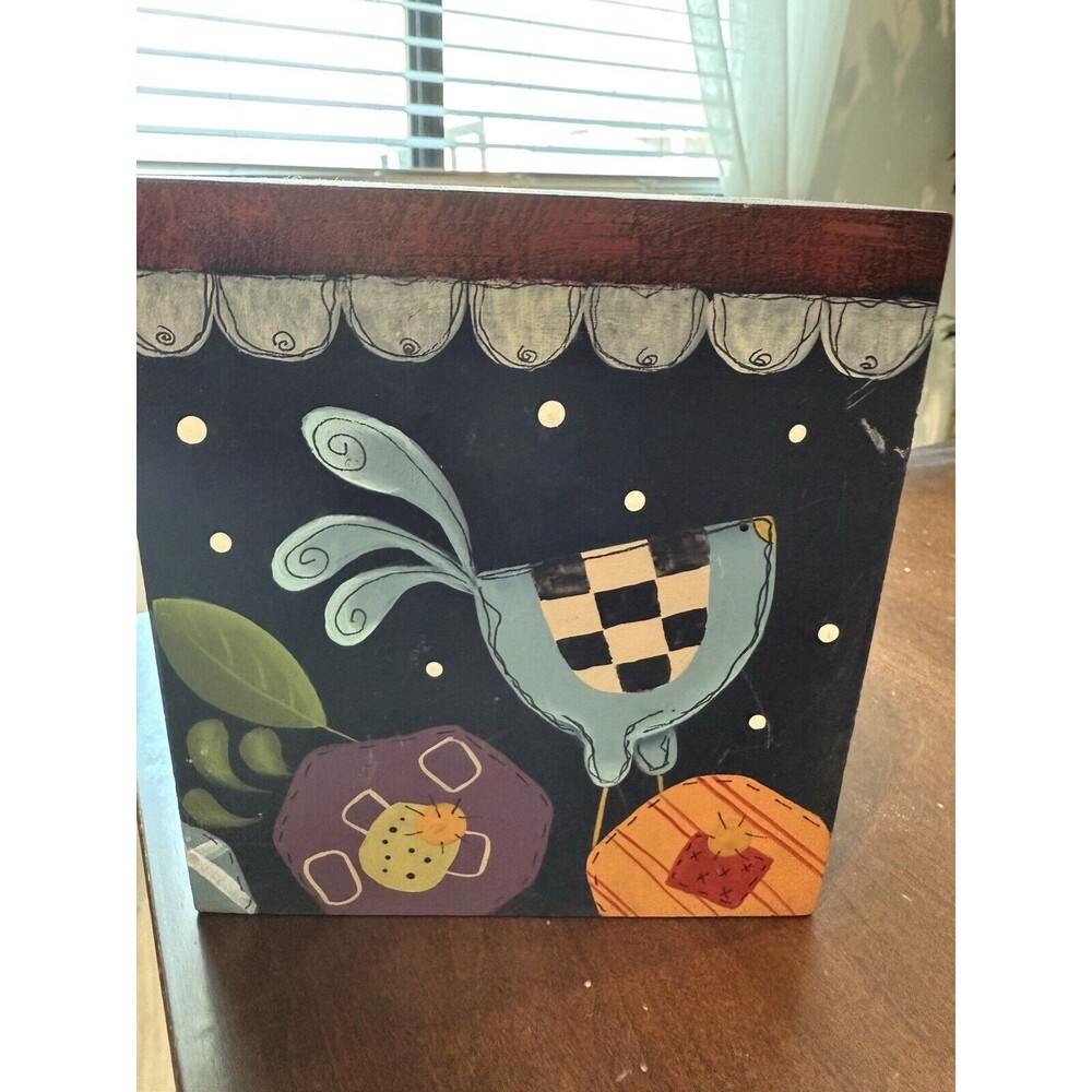 Vintage Folk Art Floral Bird Square Wood Tissue Box Holder Hand painted